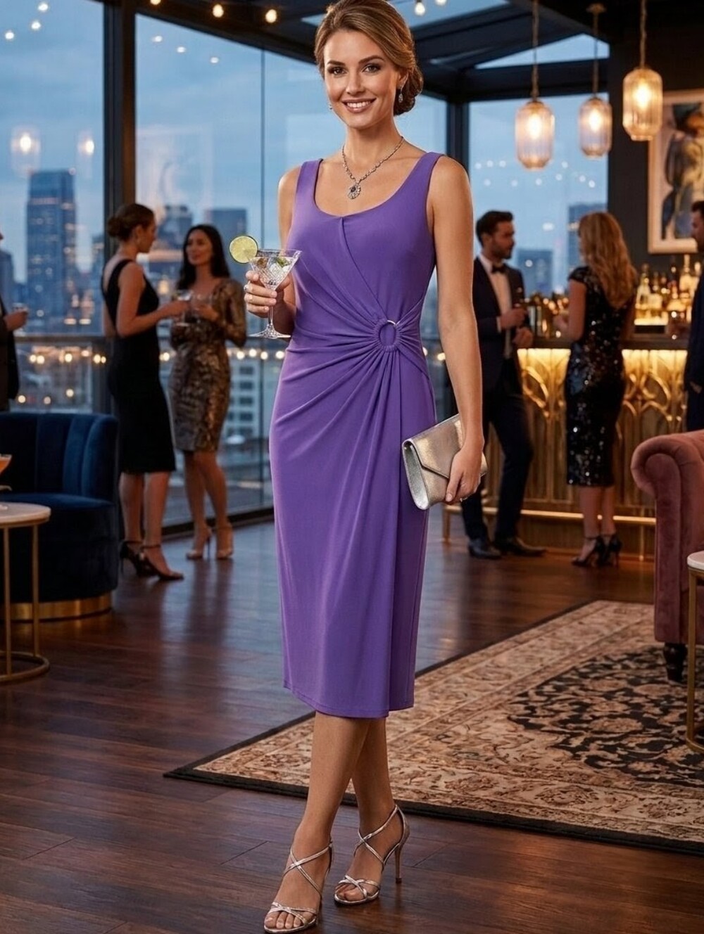 Ann Klein Purple Square-Neck Cocktail Dress With Silver Ring Accent 17"-19" PTP